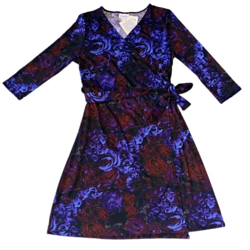 NEW L LuLaRoe Michelle True Wrap Dress Blue Purple Red Floral Roses 3/4 Sleeve